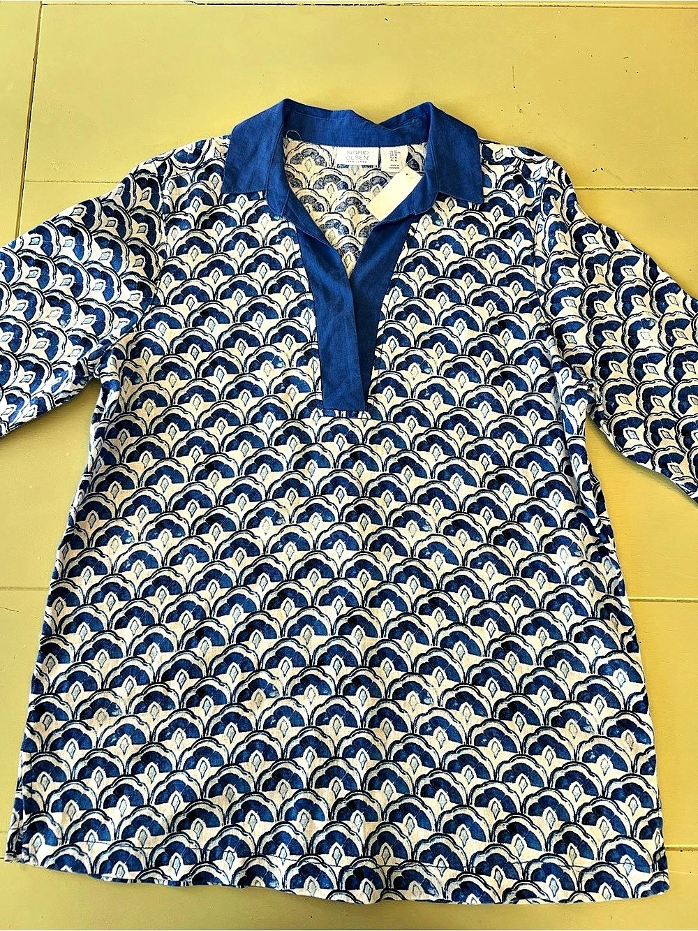 Sigrid Olsen Linen Scallop Shell Print Tunic Top Blue & White Medium